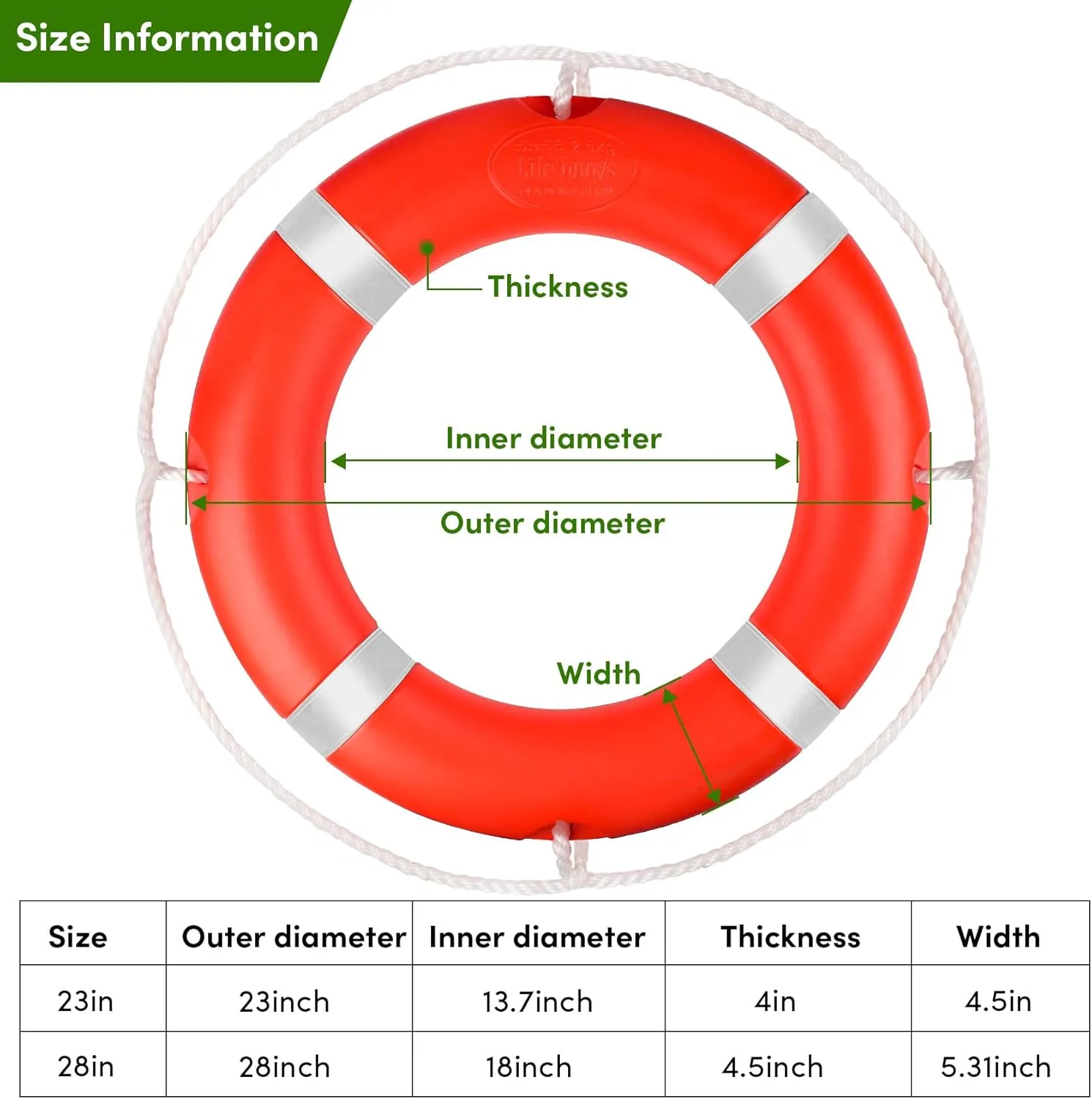 23"/28” Life Ring, Life Preserver Ring with 98.4FT Water Floating Lifesaving Rope,Boat Safety Throw Rings with Reflective Tape,(Orange-1 Pack) - 2 Size