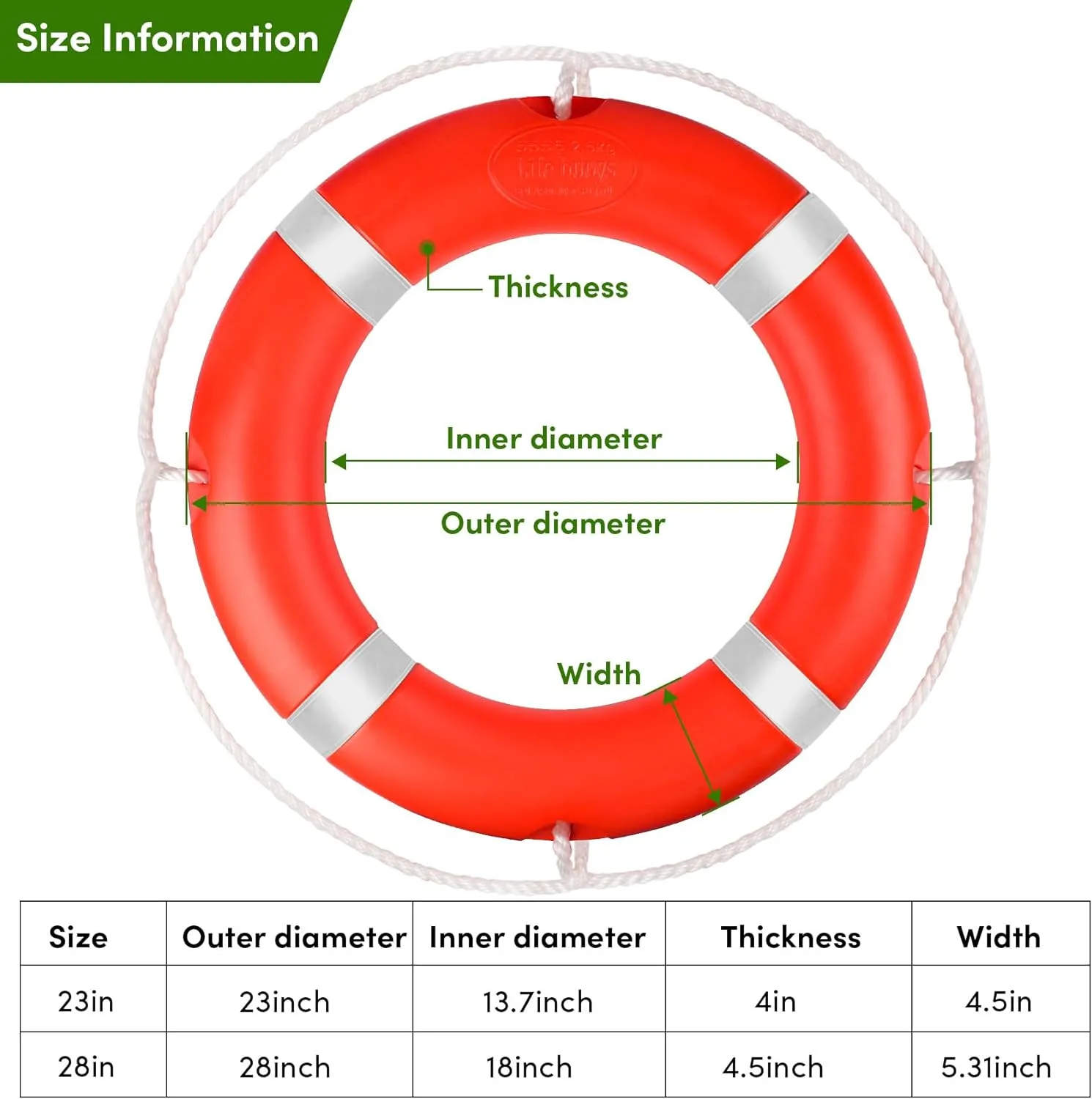 23"/28” Life Ring, Life Preserver Ring with 98.4FT Water Floating Lifesaving Rope,Boat Safety Throw Rings with Reflective Tape,(Orange-1 Pack) - 2 Size