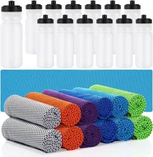 24 Pack Sport Party Favors Team Gift, Cooling Towels 12 Pcs 40 x 12 Inches Microfiber Ice Towel Fast Drying, 12 Pcs 20 oz Reusable Squeeze Water Bottle for Travel Yoga Hiking Cycling
