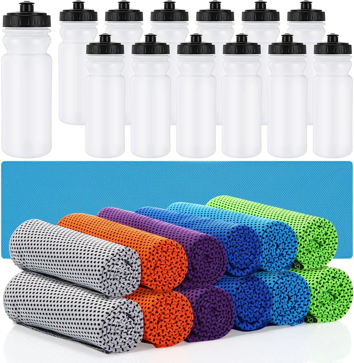 24 Pack Sport Party Favors Team Gift, Cooling Towels 12 Pcs 40 x 12 Inches Microfiber Ice Towel Fast Drying, 12 Pcs 20 oz Reusable Squeeze Water Bottle for Travel Yoga Hiking Cycling