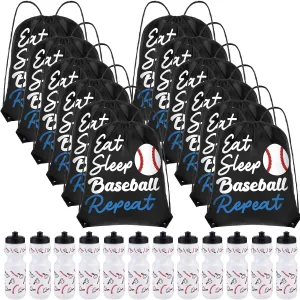 24 Pcs Baseball Party Favors Gifts, 24 oz Baseball Water Bottles Reusable Sport Squeeze Drinking Cup, Eat Sleep Drawstring Bag Sport Pack Cinch Sack for School Team Gift Event Accessories