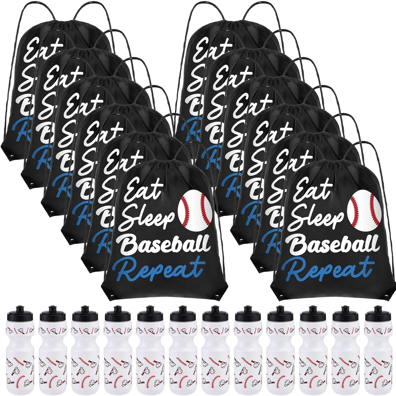 24 Pcs Baseball Party Favors Gifts, 24 oz Baseball Water Bottles Reusable Sport Squeeze Drinking Cup, Eat Sleep Drawstring Bag Sport Pack Cinch Sack for School Team Gift Event Accessories