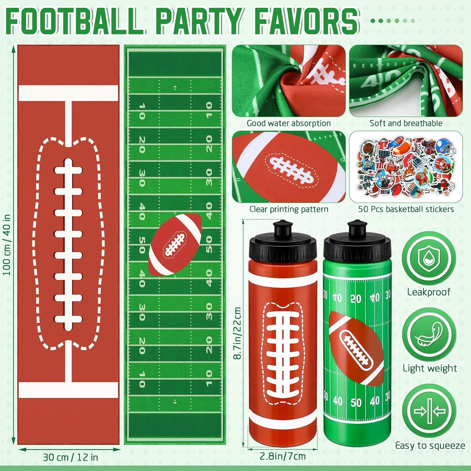 24 Pcs Football Water Bottle Football Cooling Towel Set with 50 Sticker Sports Party Favors Include 6 Reusable Sports Squeeze Water Bottle 6 Ice Towel Breathable Fast Drying for Team Gifts