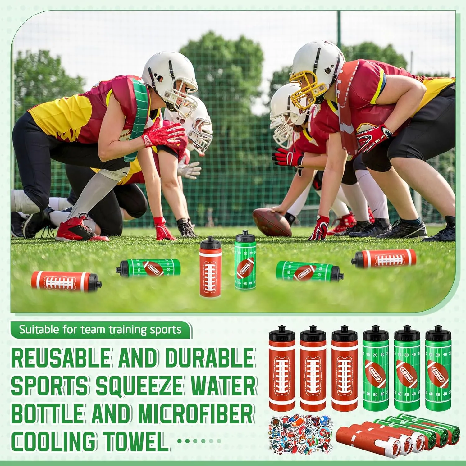 24 Pcs Football Water Bottle Football Cooling Towel Set with 50 Sticker Sports Party Favors Include 6 Reusable Sports Squeeze Water Bottle 6 Ice Towel Breathable Fast Drying for Team Gifts