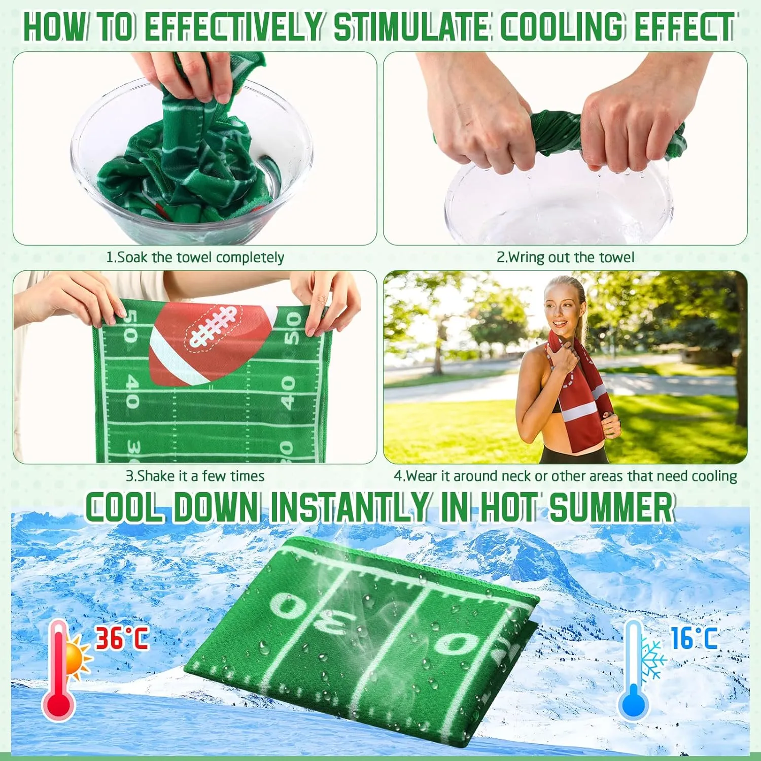 24 Pcs Football Water Bottle Football Cooling Towel Set with 50 Sticker Sports Party Favors Include 6 Reusable Sports Squeeze Water Bottle 6 Ice Towel Breathable Fast Drying for Team Gifts