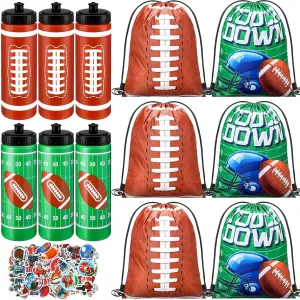 24 Pcs Football Water Bottle Football Drawstring Bag Set with 50 Sticker Football Party Favors 12 Reusable Sports Squeeze Water Bottle 20oz 12 Football Goodie Gift Bag for Football Team Gift