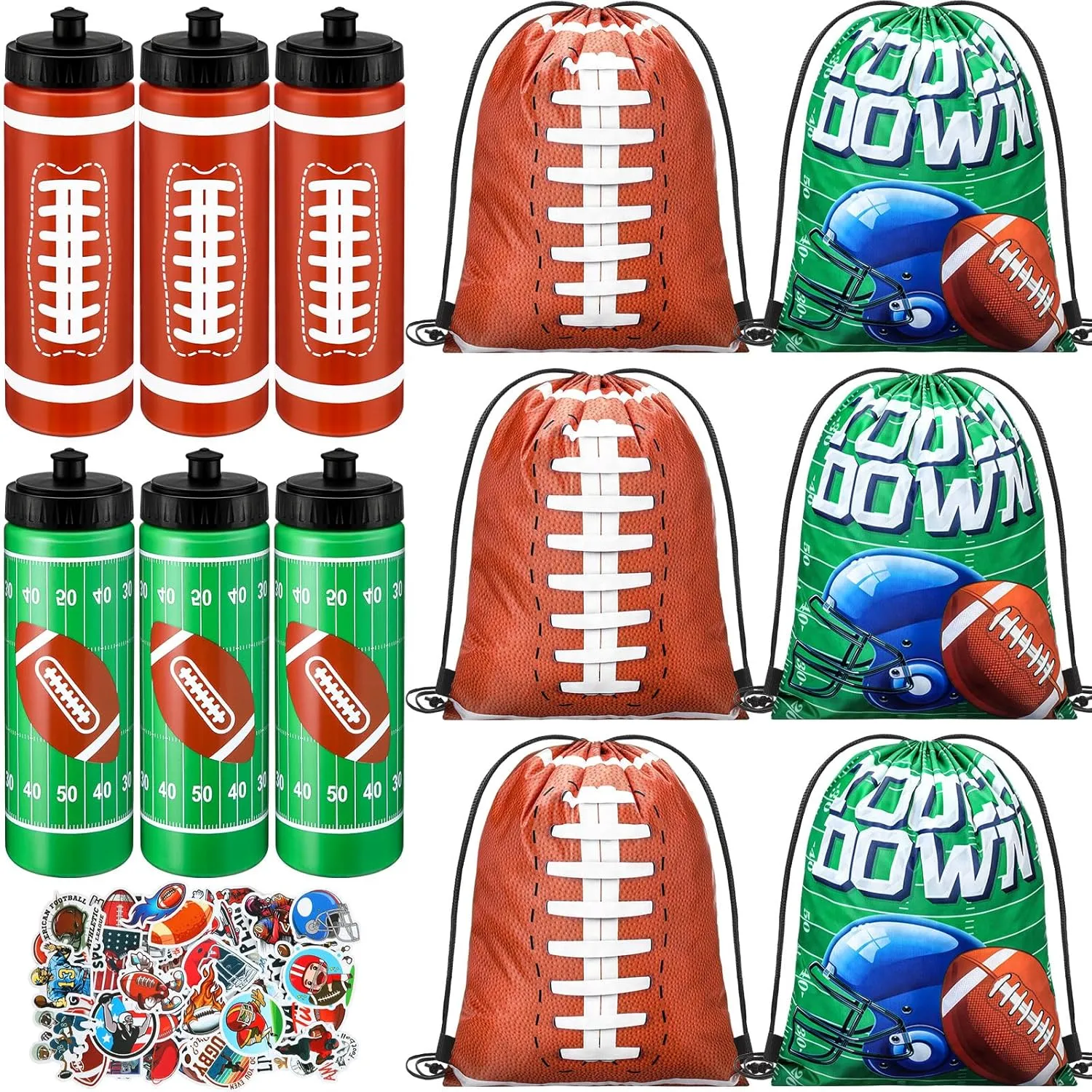 24 Pcs Football Water Bottle Football Drawstring Bag Set with 50 Sticker Football Party Favors 12 Reusable Sports Squeeze Water Bottle 20oz 12 Football Goodie Gift Bag for Football Team Gift