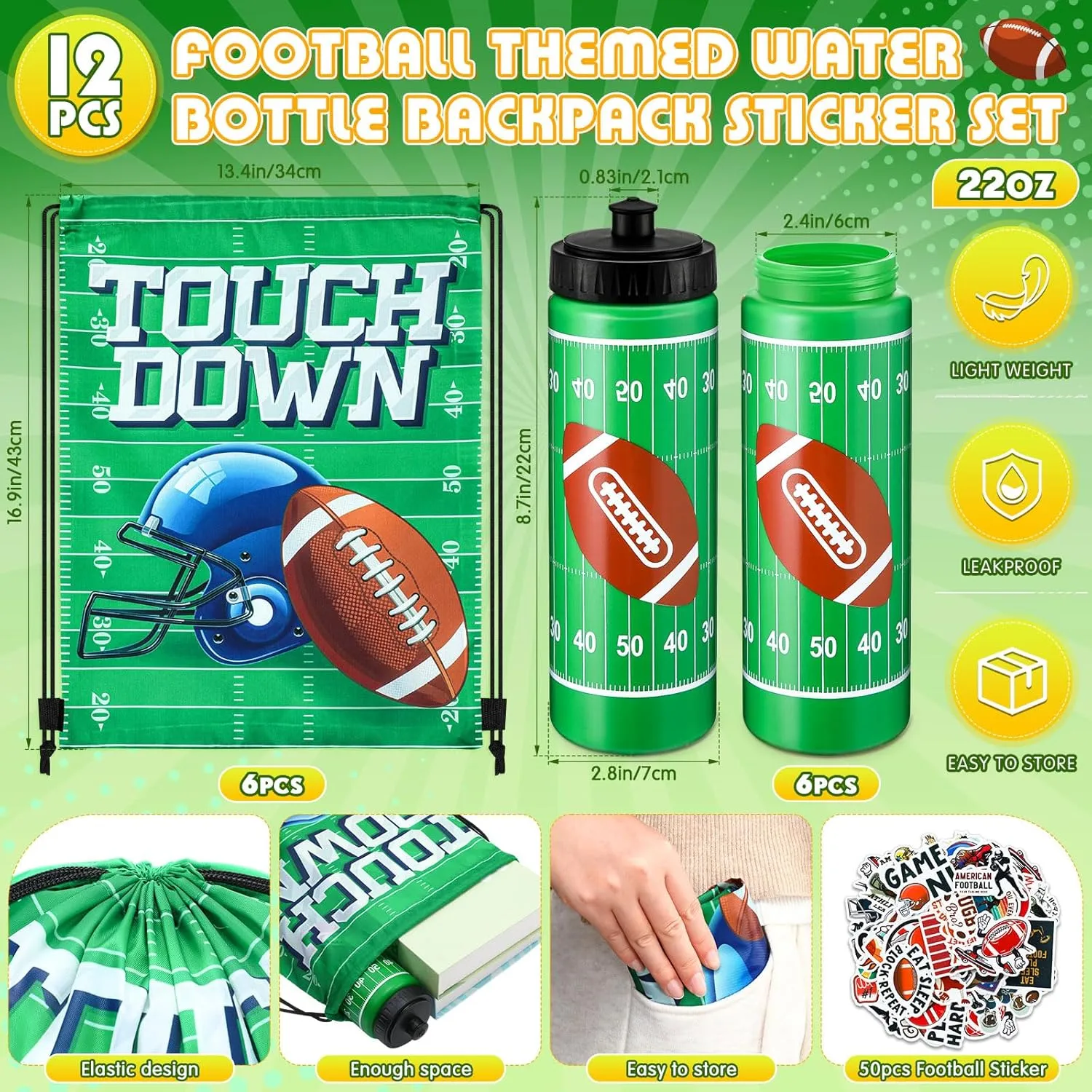 24 Pcs Football Water Bottle Football Drawstring Bag Set with 50 Sticker Football Party Favors 12 Reusable Sports Squeeze Water Bottle 20oz 12 Football Goodie Gift Bag for Football Team Gift