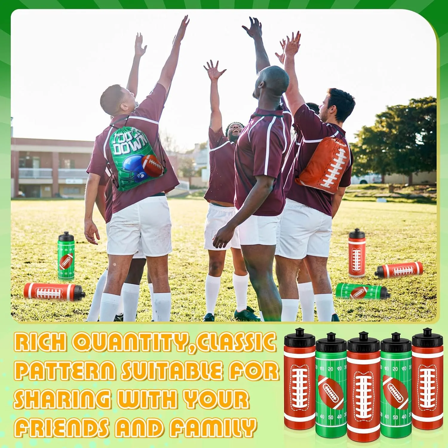 24 Pcs Football Water Bottle Football Drawstring Bag Set with 50 Sticker Football Party Favors 12 Reusable Sports Squeeze Water Bottle 20oz 12 Football Goodie Gift Bag for Football Team Gift