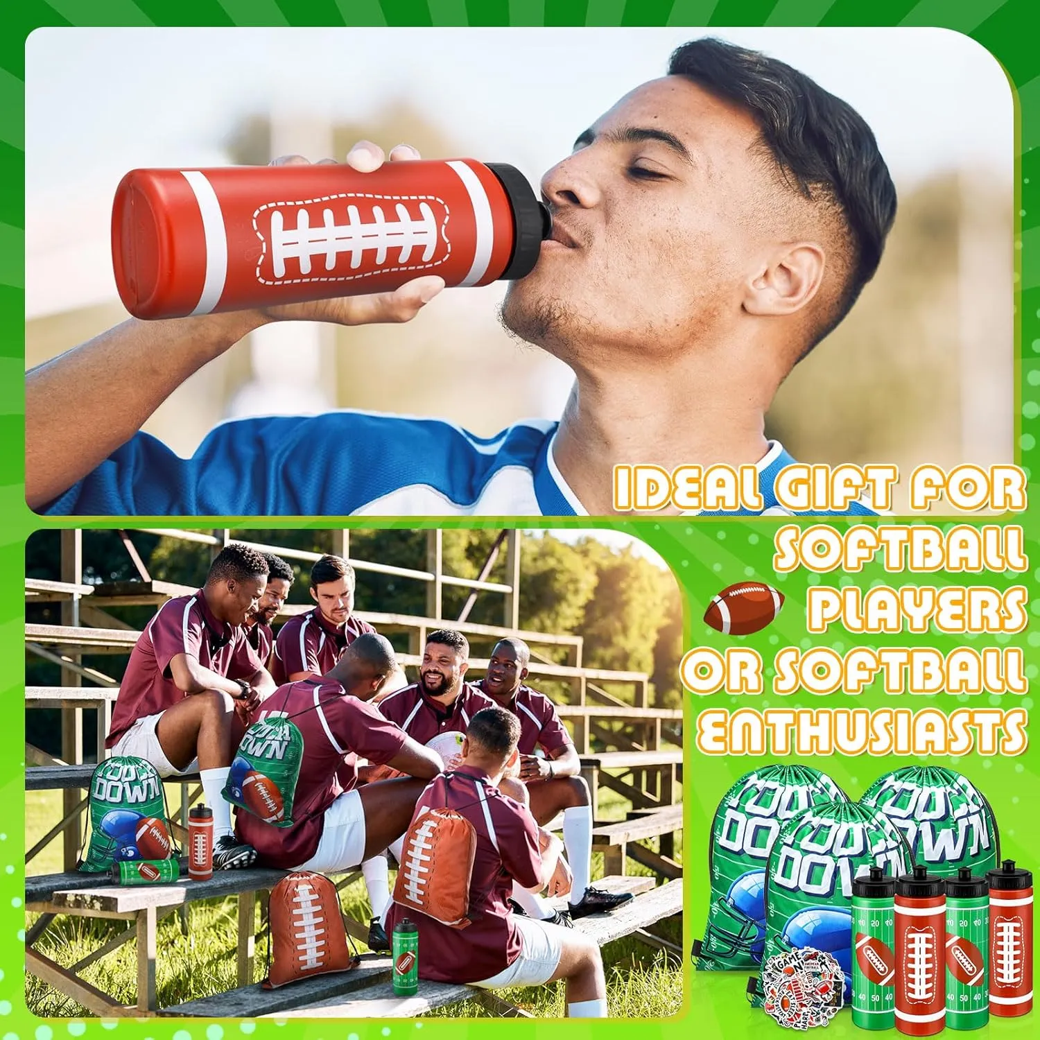 24 Pcs Football Water Bottle Football Drawstring Bag Set with 50 Sticker Football Party Favors 12 Reusable Sports Squeeze Water Bottle 20oz 12 Football Goodie Gift Bag for Football Team Gift
