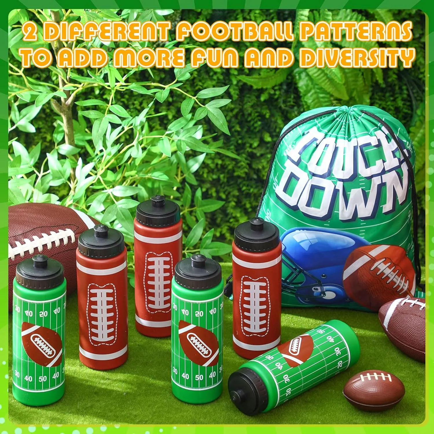 24 Pcs Football Water Bottle Football Drawstring Bag Set with 50 Sticker Football Party Favors 12 Reusable Sports Squeeze Water Bottle 20oz 12 Football Goodie Gift Bag for Football Team Gift