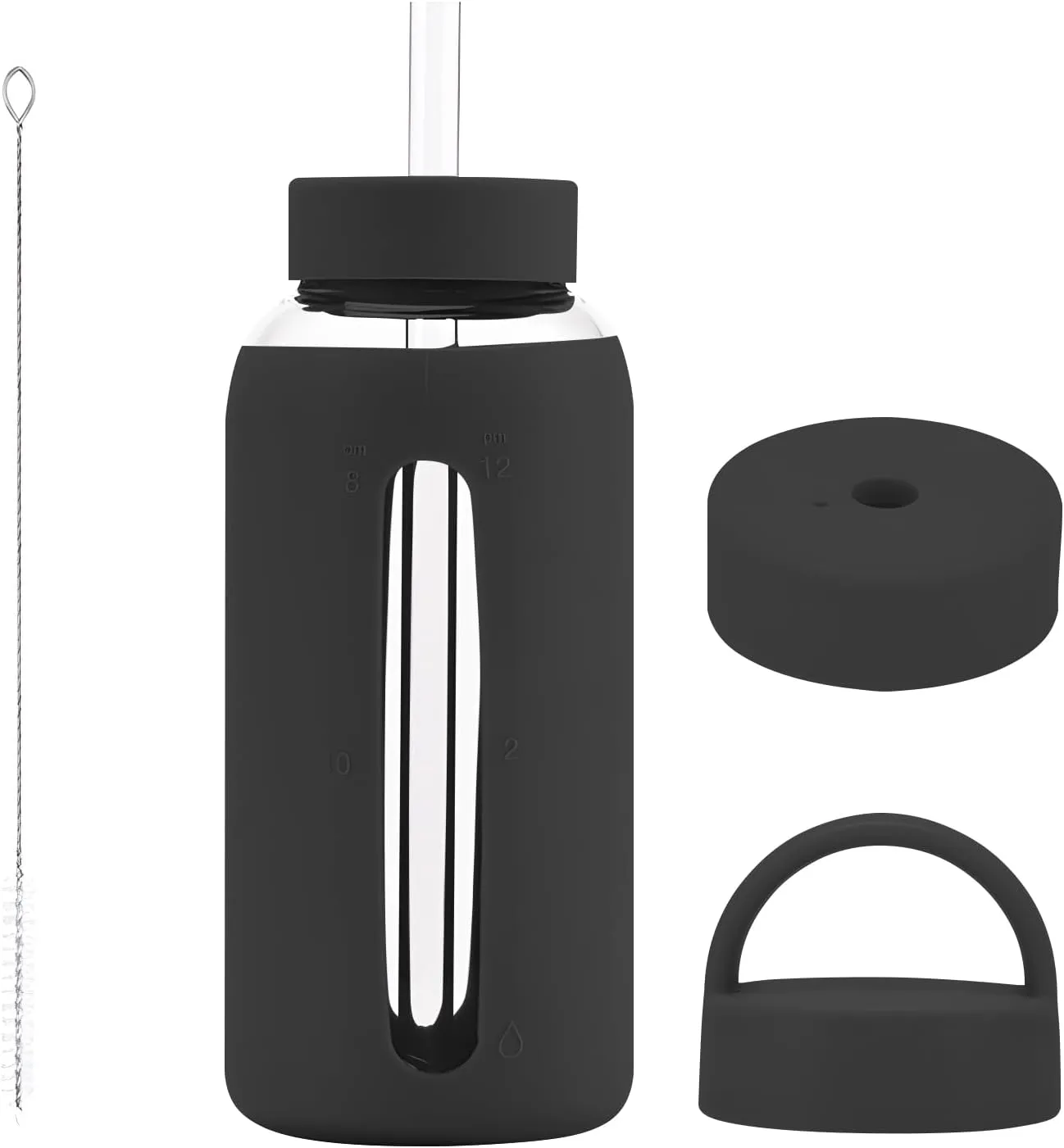 27 Oz Hydration Bottle,Minimalist Glass Water Bottle With Silicone Sleeve,Wide Mouth Opening With 2 Lids,Train Straws,Gift for Kids/Adults,Sport Glass Water Bottle for Gym/Yoga/Outdoor (Black, 27 oz)