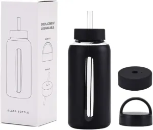 27 Oz Hydration Bottle,Minimalist Glass Water Bottle With Silicone Sleeve,Wide Mouth Opening With 2 Lids,Train Straws,Gift for Kids/Adults,Sport Glass Water Bottle for Gym/Yoga/Outdoor (Black, 27 oz)