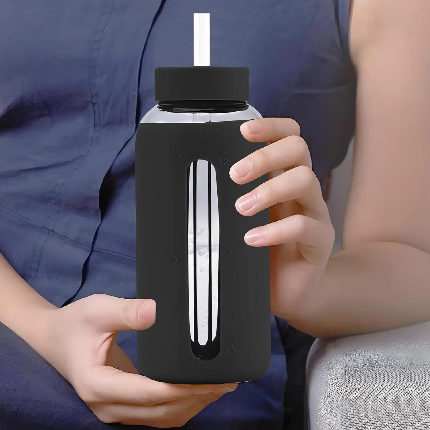 27 Oz Hydration Bottle,Minimalist Glass Water Bottle With Silicone Sleeve,Wide Mouth Opening With 2 Lids,Train Straws,Gift for Kids/Adults,Sport Glass Water Bottle for Gym/Yoga/Outdoor (Black, 27 oz)
