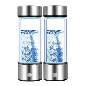 2PC Hydrogen Water Bottle, Hydrogen Water Bottle Generator w SPE/PEM Tech Water Ionizer, Portable Hydrogenated Water Machine Improve Water in 3 Minutes Hydrogen Rich Glass Bottles Healthy (2PC Silver)