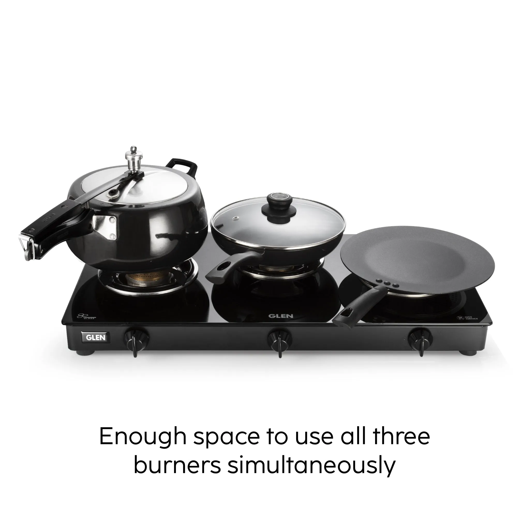 3 Burner Glass Gas Stove with Brass Burner Black - Manual/Auto Ignition (1030 GT BB BL)