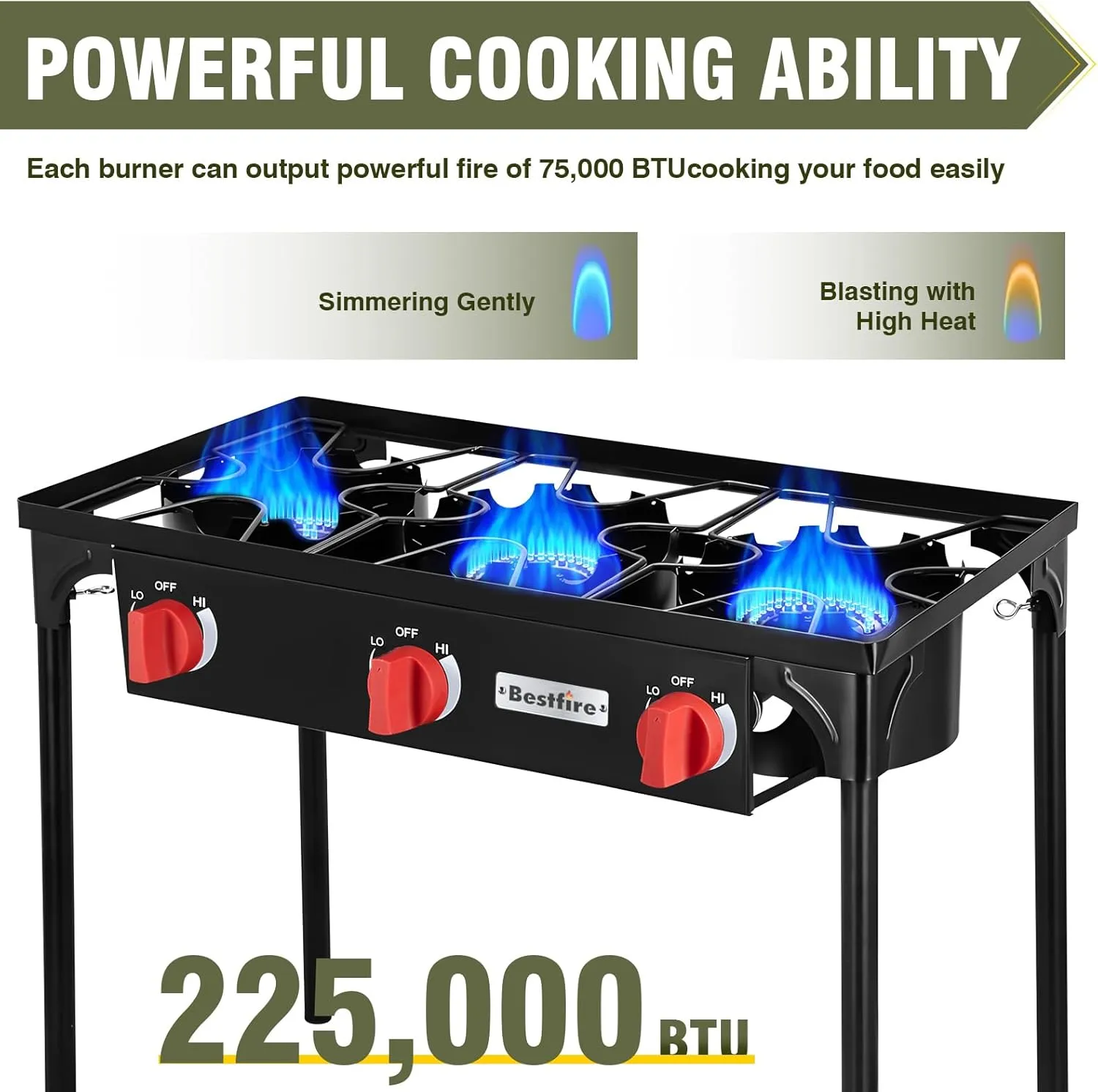 3 Burners Gamping Stove for Cooking Outdoor, 225,000 BTU Propane Burners with Auto Ignition Button&Removable Legs, Temperature Control Knobs and 20 PSIG High Pressure Regulator for BBQ