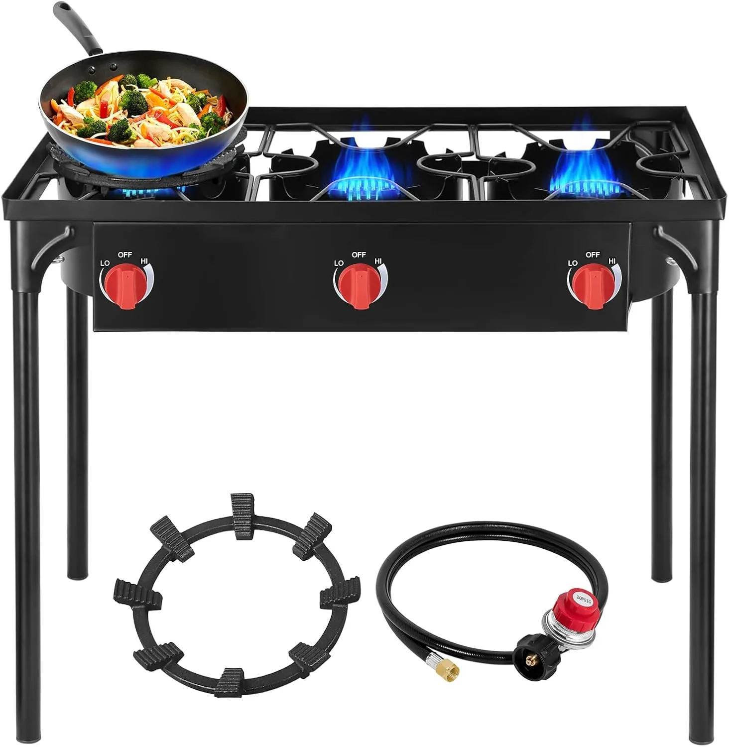 3 Burners Gamping Stove for Cooking Outdoor, 225,000 BTU Propane Burners with Auto Ignition Button&Removable Legs, Temperature Control Knobs and 20 PSIG High Pressure Regulator for BBQ