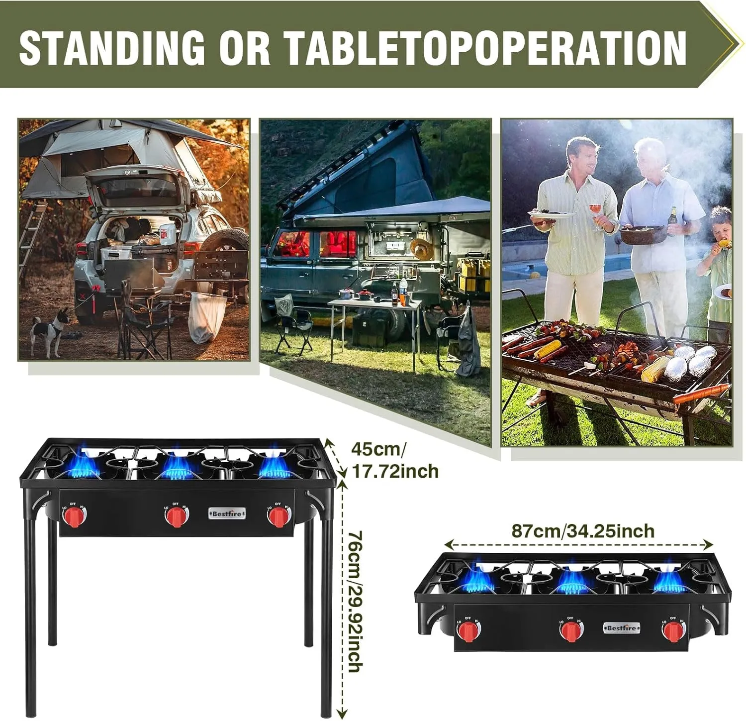 3 Burners Gamping Stove for Cooking Outdoor, 225,000 BTU Propane Burners with Auto Ignition Button&Removable Legs, Temperature Control Knobs and 20 PSIG High Pressure Regulator for BBQ