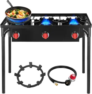 3 Burners Gamping Stove for Cooking Outdoor, 225,000 BTU Propane Burners with Auto Ignition Button&Removable Legs, Temperature Control Knobs and 20 PSIG High Pressure Regulator for BBQ