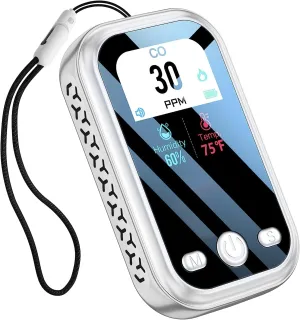 [3-in-1] Carbon Monoxide Detector Portable Mini Air Quality Monitor with Lanyard Methane Gas Leak Smoke Alarm CO Temperature Humidity Sensor Built-in 1000mAh Battery, Indoor/Outdoor (Grey)
