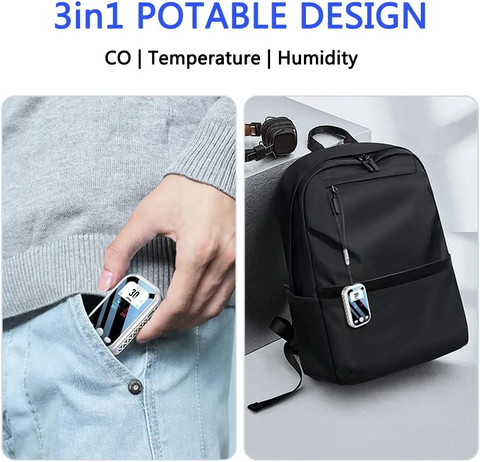 [3-in-1] Carbon Monoxide Detector Portable Mini Air Quality Monitor with Lanyard Methane Gas Leak Smoke Alarm CO Temperature Humidity Sensor Built-in 1000mAh Battery, Indoor/Outdoor (Grey)
