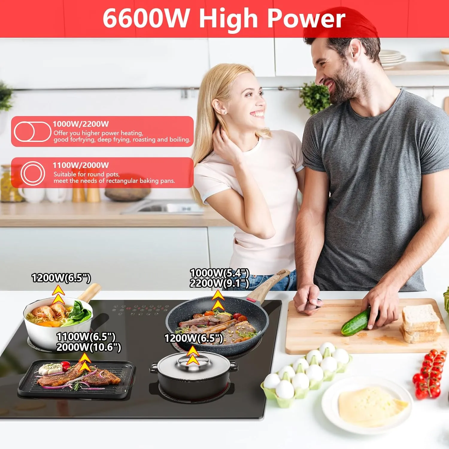 30 Inch Electric Cooktop 4 Burner - Built-in Electric Stovetop 30" 6600W, Radiant Ceramic Stove with Oval Zone, Dual Zone, Glass Metal Frame, Safety Lock, Timer, 220-240V Hard Wired (No Plug)