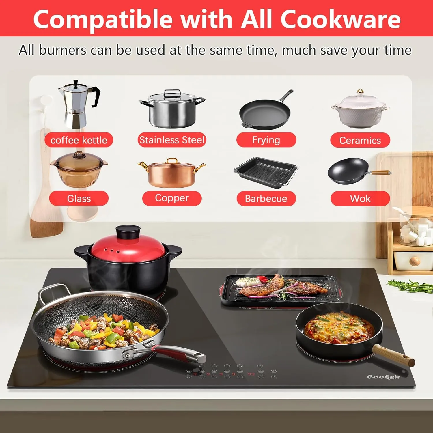 30 Inch Electric Cooktop 4 Burner - Built-in Electric Stovetop 30" 6600W, Radiant Ceramic Stove with Oval Zone, Dual Zone, Glass Metal Frame, Safety Lock, Timer, 220-240V Hard Wired (No Plug)