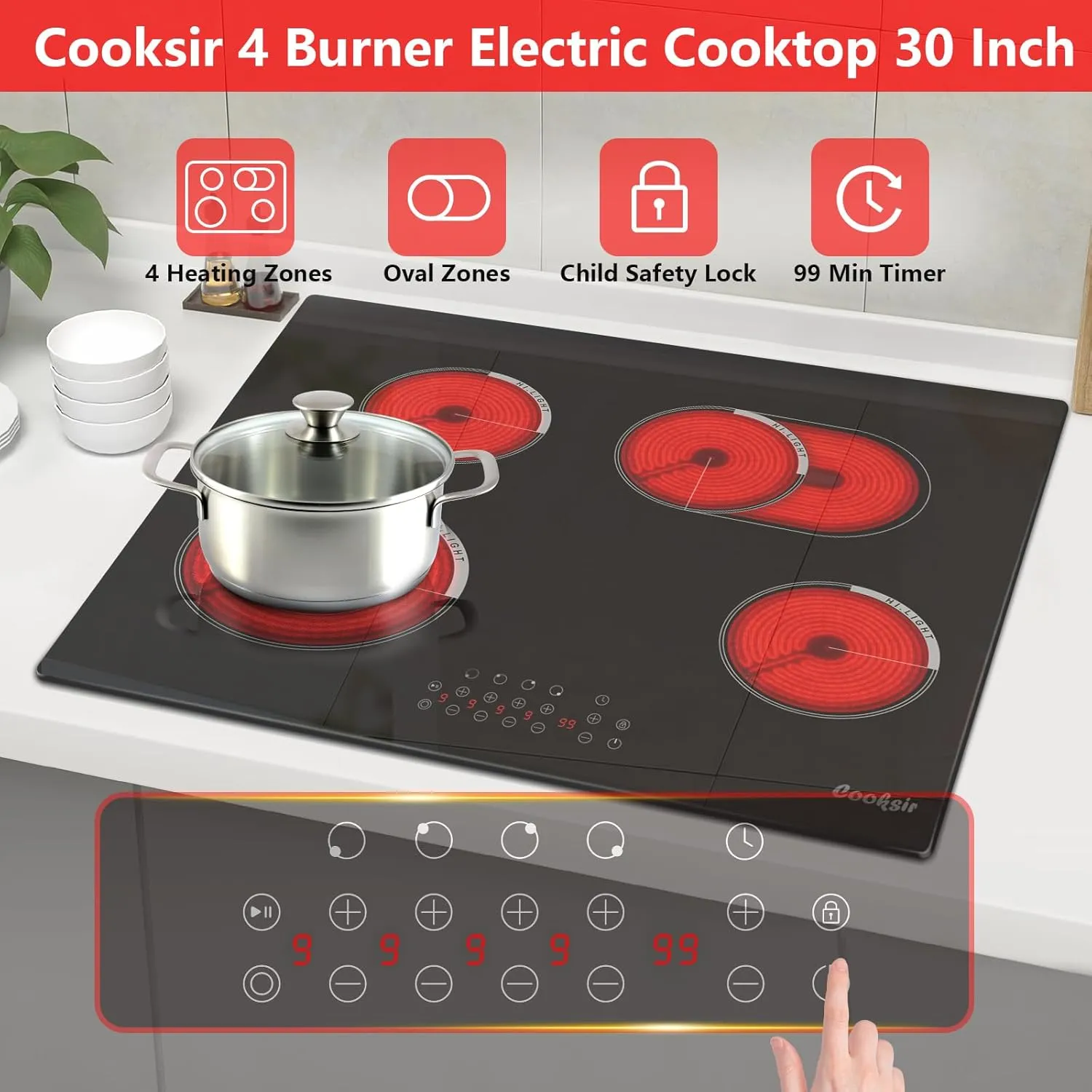 30 Inch Electric Cooktop 4 Burner - Built-in Electric Stovetop 30" 6600W, Radiant Ceramic Stove with Oval Zone, Dual Zone, Glass Metal Frame, Safety Lock, Timer, 220-240V Hard Wired (No Plug)