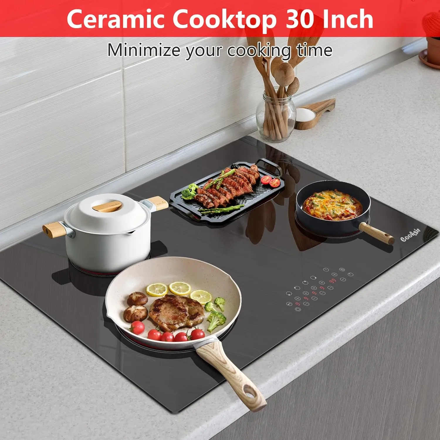 30 Inch Electric Cooktop 4 Burner - Built-in Electric Stovetop 30" 6600W, Radiant Ceramic Stove with Oval Zone, Dual Zone, Glass Metal Frame, Safety Lock, Timer, 220-240V Hard Wired (No Plug)