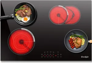 30 Inch Electric Cooktop 4 Burner - Built-in Electric Stovetop 30" 6600W, Radiant Ceramic Stove with Oval Zone, Dual Zone, Glass Metal Frame, Safety Lock, Timer, 220-240V Hard Wired (No Plug)