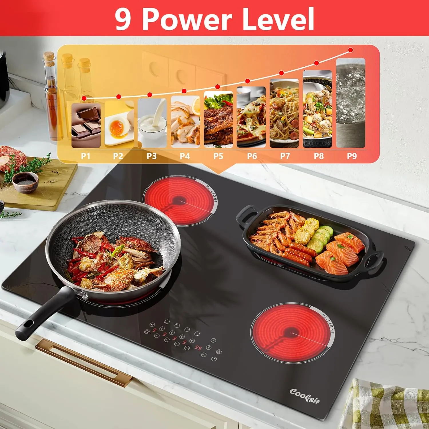 30 Inch Electric Cooktop 4 Burner - Built-in Electric Stovetop 30" 6600W, Radiant Ceramic Stove with Oval Zone, Dual Zone, Glass Metal Frame, Safety Lock, Timer, 220-240V Hard Wired (No Plug)