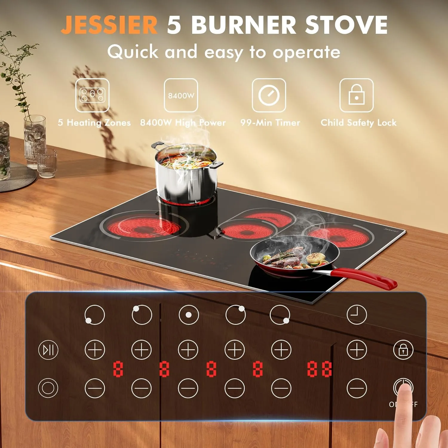 30 Inch Electric Cooktop - 5 Burner 8400W Ceramic Stove 30 In, Built-in Electric Stove Top with Full Metal Frame Protection, Timer, Safety Lock, Pause, Dual Ring, 220V Hard Wired (No Plug)