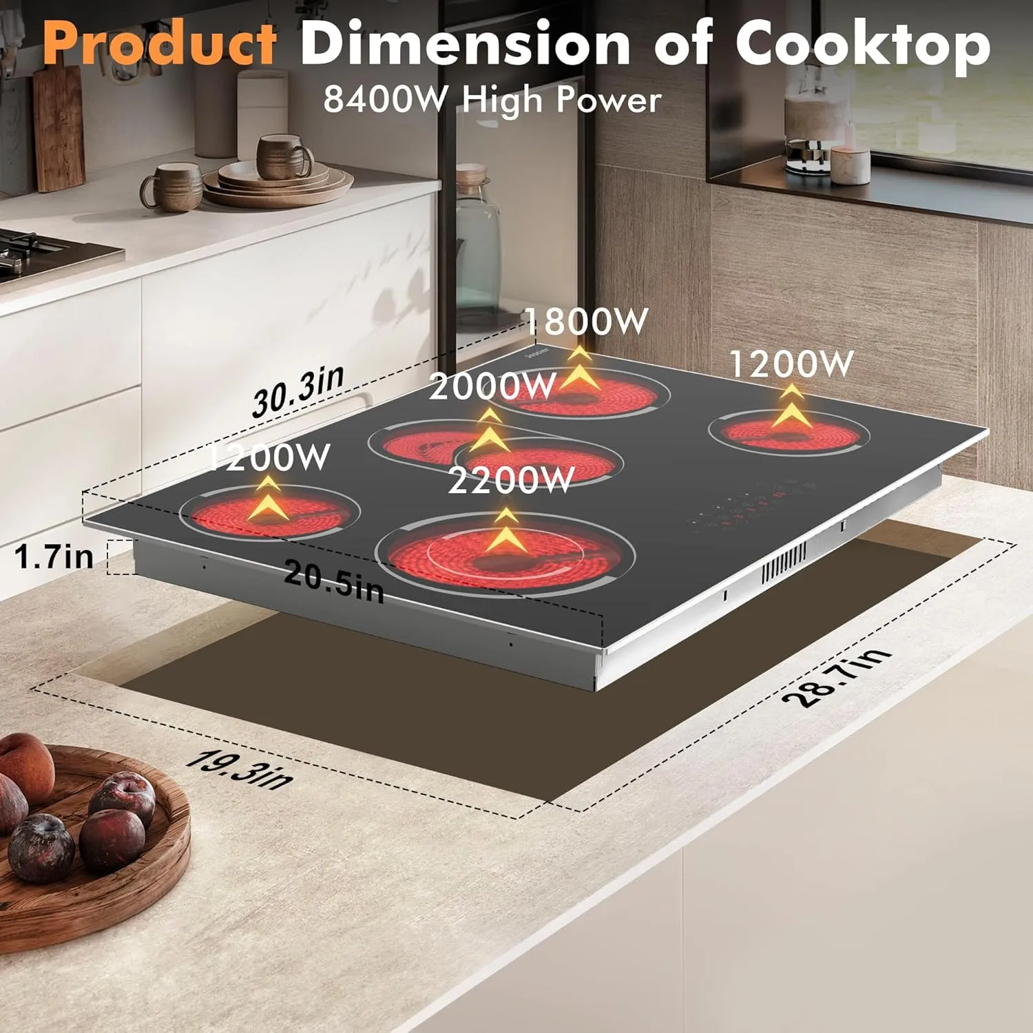 30 Inch Electric Cooktop - 5 Burner 8400W Ceramic Stove 30 In, Built-in Electric Stove Top with Full Metal Frame Protection, Timer, Safety Lock, Pause, Dual Ring, 220V Hard Wired (No Plug)