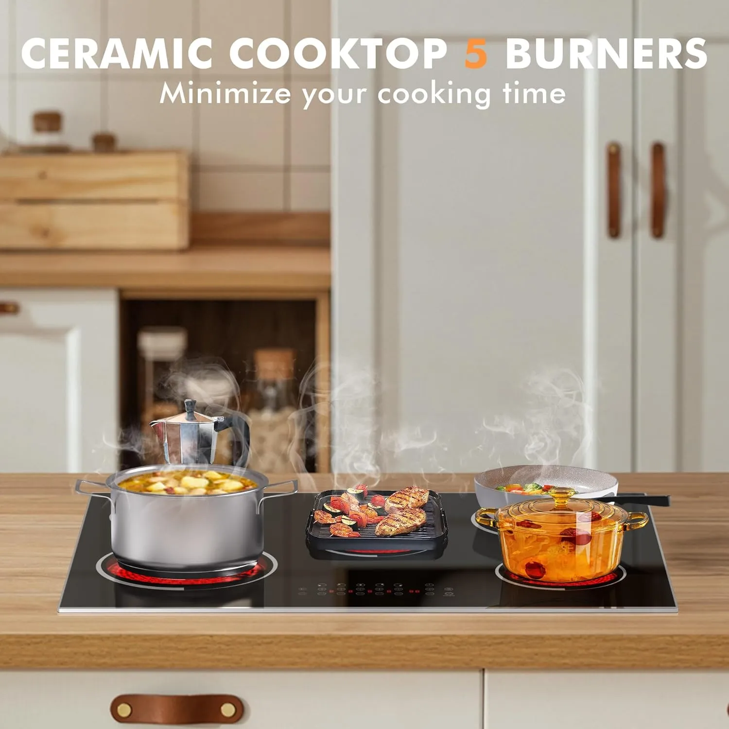 30 Inch Electric Cooktop - 5 Burner 8400W Ceramic Stove 30 In, Built-in Electric Stove Top with Full Metal Frame Protection, Timer, Safety Lock, Pause, Dual Ring, 220V Hard Wired (No Plug)