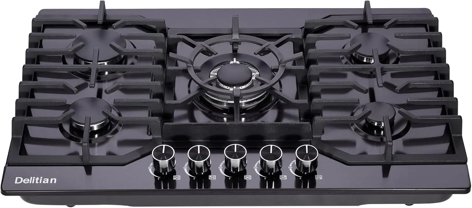 30 Inch Gas Cooktop DT5711BN Stainless Steel 5 Burner Gas Stove Top LPG/NG Convertible Gas Stovetop Thermocouple Protection Gas Cooktop