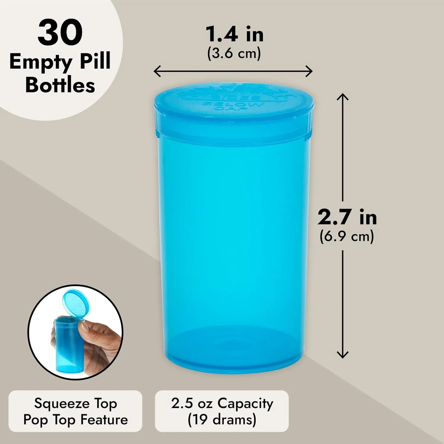 30 Pack Empty Pill Bottles with Pop Top Caps, 19 Dram Prescription Medicine Containers (Blue) - Medicine Bottle with Pop Top Caps