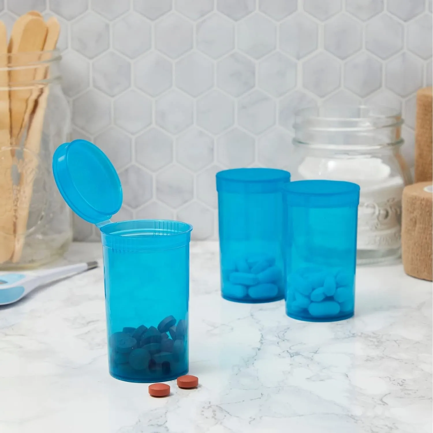 30 Pack Empty Pill Bottles with Pop Top Caps, 19 Dram Prescription Medicine Containers (Blue) - Medicine Bottle with Pop Top Caps