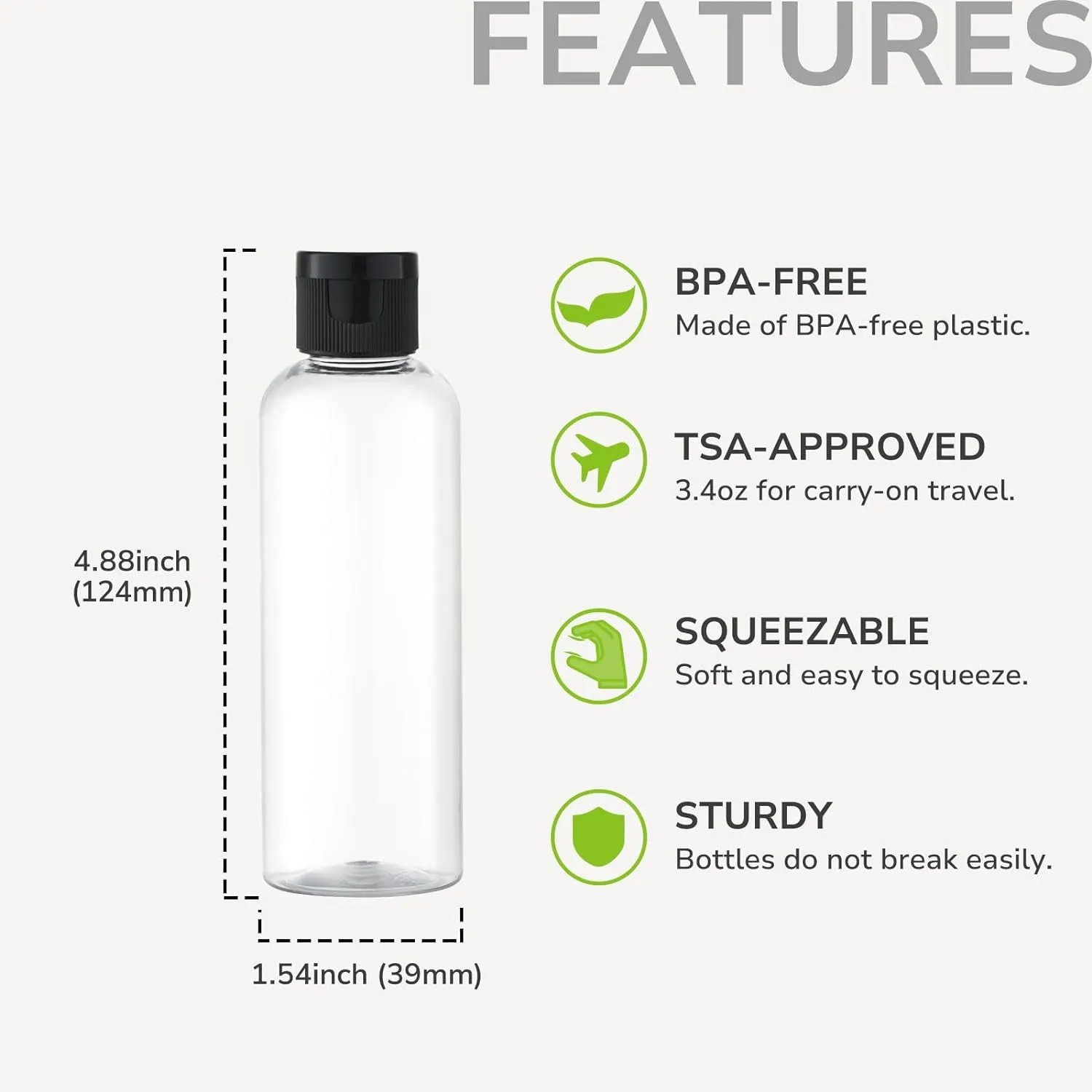 3.4 Oz Travel Bottles for Toiletries, 5Pcs Travel Containers for Shampoo Tsa Approved, Plastic Empty Travel Size Bottles (100Ml, Clear)