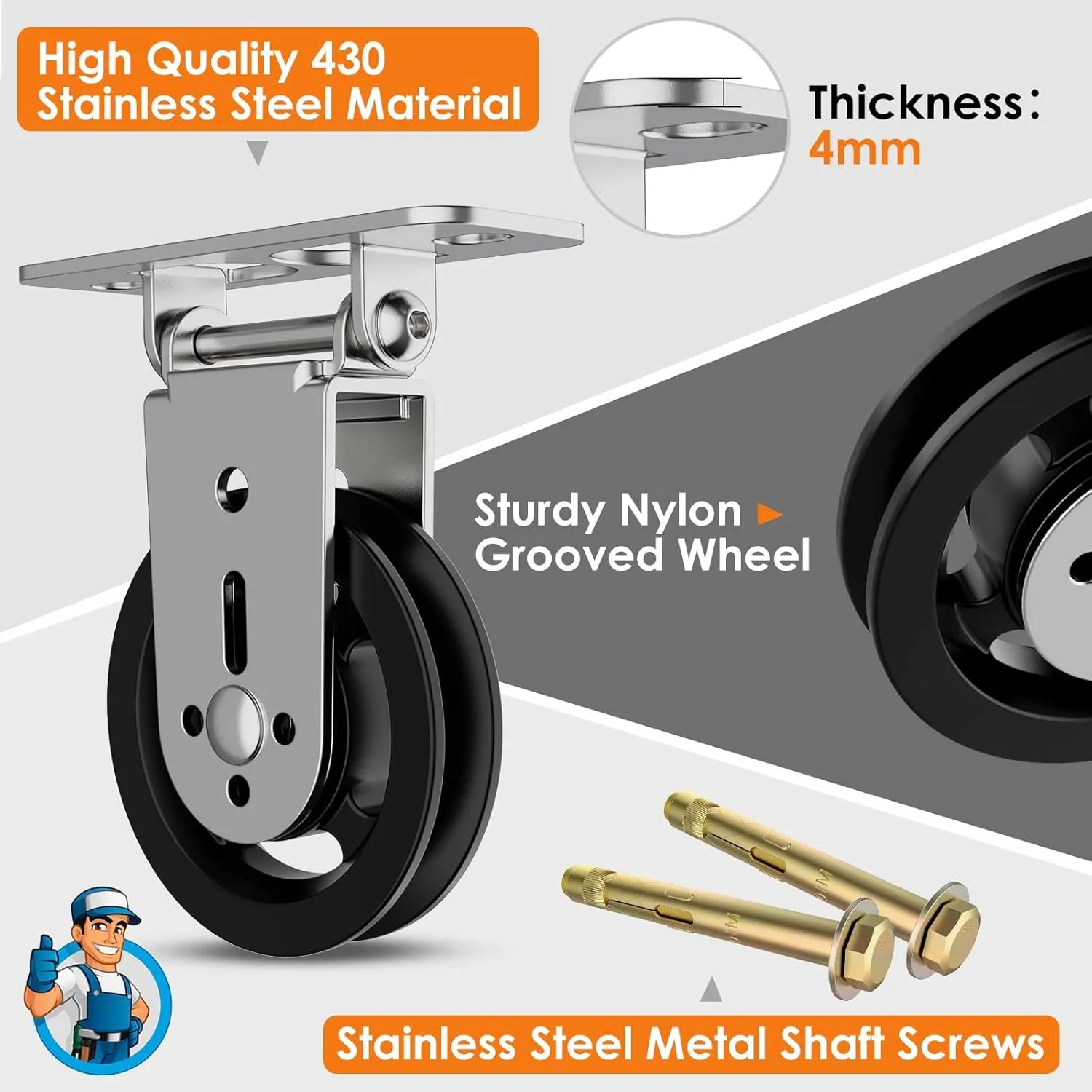 3.5 IN/88 MM Wall Mount Gym Pulley Weight System, 180° Rotation Silent Cable Pulley Wheel Block, Steel Bracket Cable Attachment for Squat Rack, Home Gym, DIY Fitness Equipment