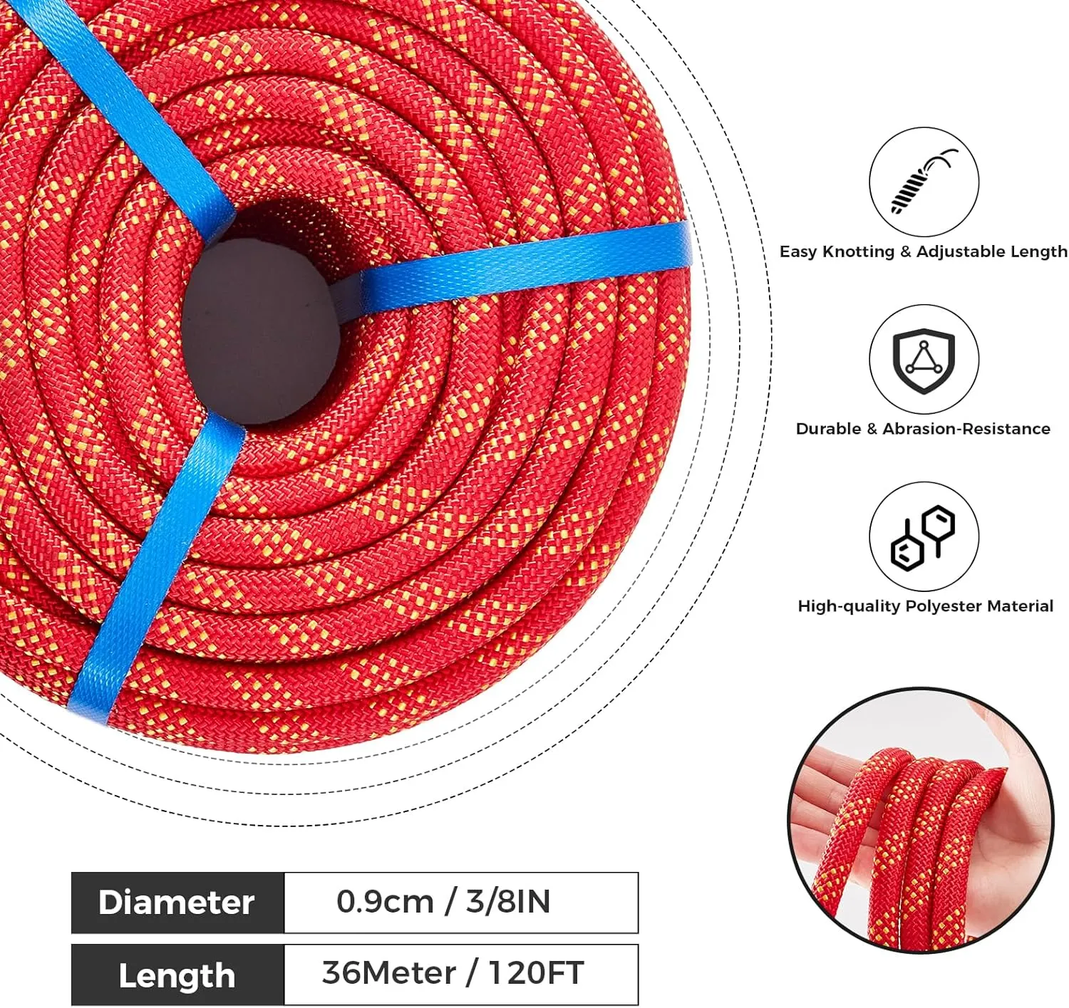 3/8 Inch 120ft Double Braided Polyester Arborist Rope, Heavy Duty Nylon Rope for Anchor, Tree Work, Cargo, Pulling, Sailing(Red)