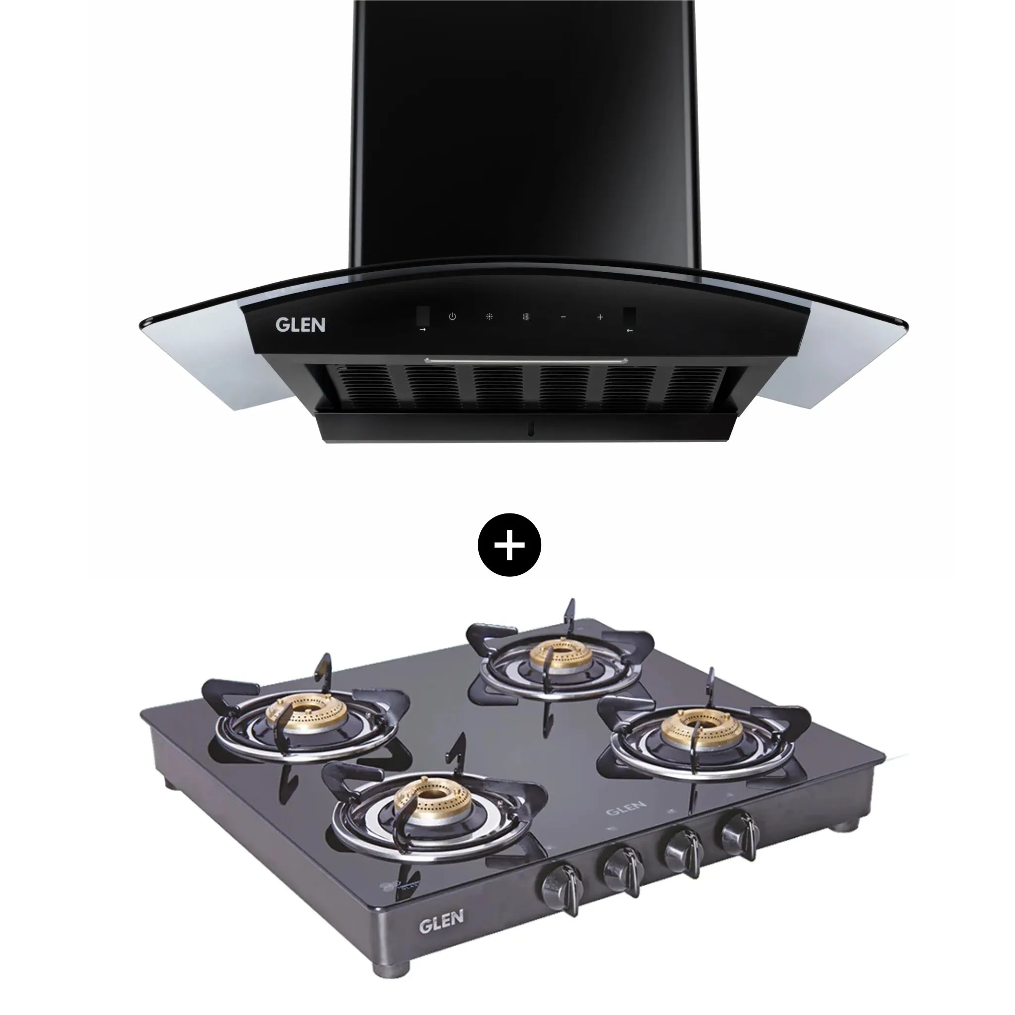 4 Burner Gas Stove Brass Burner (1043 GT)   Auto Clean Chimney with Motion Sensor 60cm 1200 m3h (6058 BL AC)