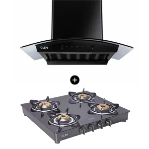 4 Burner Gas Stove Brass Burner (1043 GT)   Auto Clean Chimney with Motion Sensor 60cm 1200 m3h (6058 BL AC)