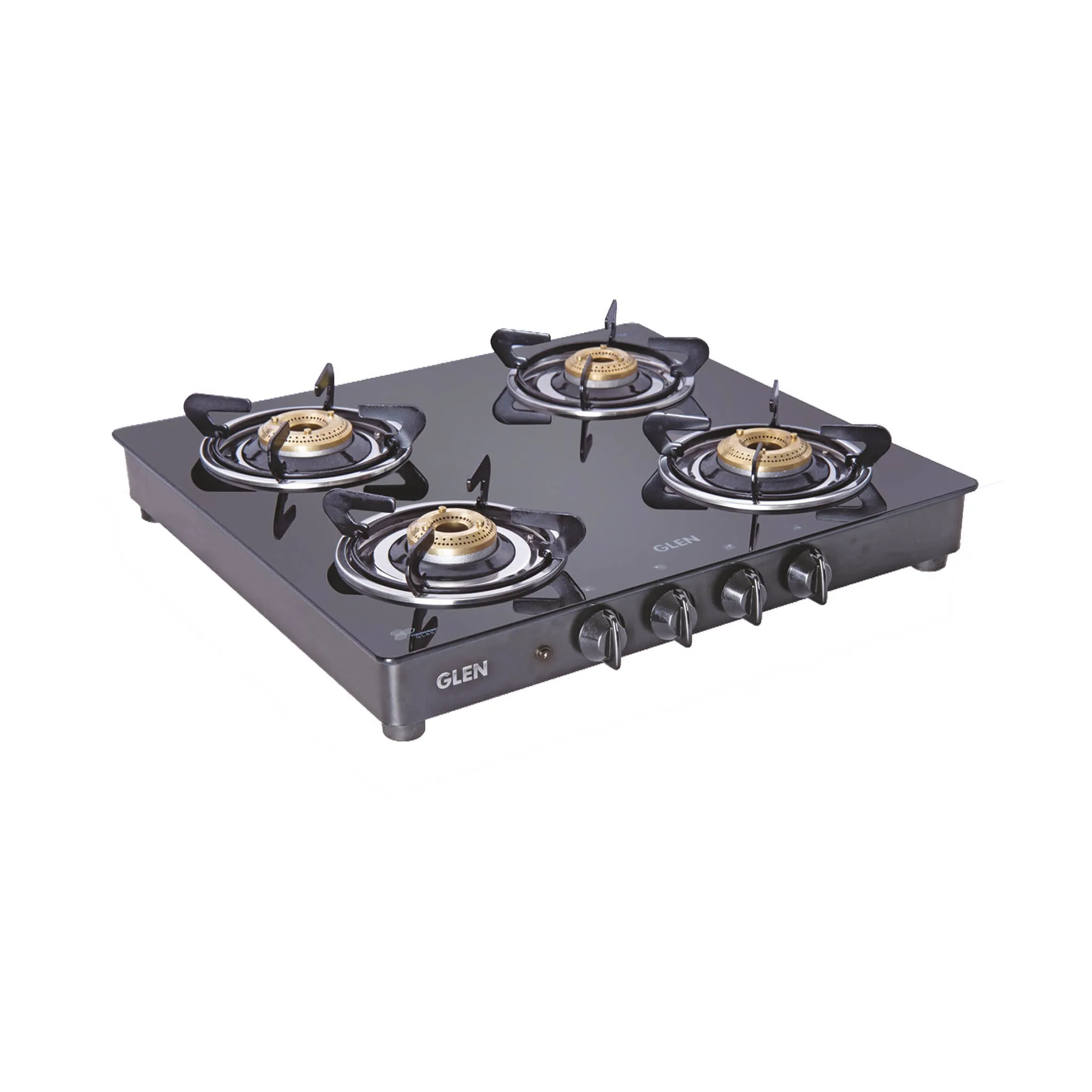 4 Burner PNG Glass Gas Stove with Brass Burner, Black (1043 GT BB BL PN) - Manual/Auto Ignition