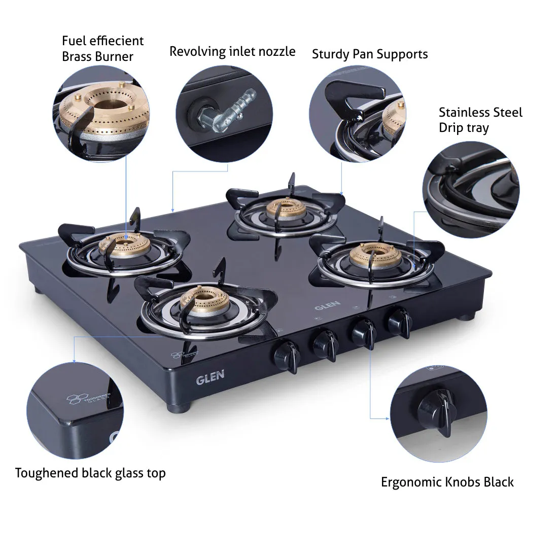 4 Burner PNG Glass Gas Stove with Brass Burner, Black (1043 GT BB BL PN) - Manual/Auto Ignition