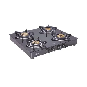 4 Burner PNG Glass Gas Stove with Brass Burner, Black (1043 GT BB BL PN) - Manual/Auto Ignition