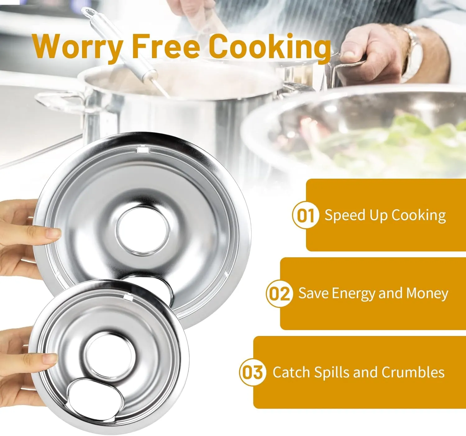 4 Pack Chrome Drip Pans, Compatible with Whirpool Kenmore Frigirate Stove Top Drip Bowls. Include 2 Pcs 6'' Range Replacement Drip Pans and 2 Pcs 8 '' Cooktop Drip Pans
