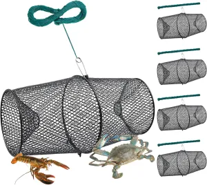 4 Set Minnow Trap Crawfish Trap with Closure Spring Clip and 4 Pcs Hand Ropes Fishing Trap for Crayfish Crawdad Lobster Crab Bait Metal Net Cage Crawfishing