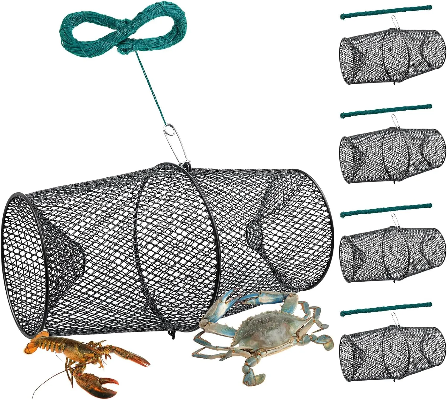 4 Set Minnow Trap Crawfish Trap with Closure Spring Clip and 4 Pcs Hand Ropes Fishing Trap for Crayfish Crawdad Lobster Crab Bait Metal Net Cage Crawfishing