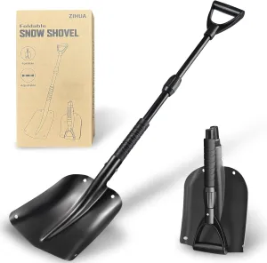 40" Folding Emergency Snow Shovel for Car, Black Aluminum Multi-purpose Shovel with Comfortable D-Grip Handle